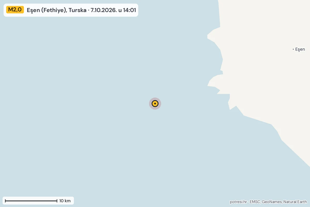 Karta: okolica epicentra, 60 km, potres M2,0, Eşen (Fethiye), Turska, 7.10.2026.