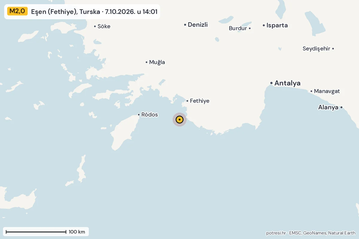 Karta: šire područje, 600 km, potres M2,0, Eşen (Fethiye), Turska, 7.10.2026.