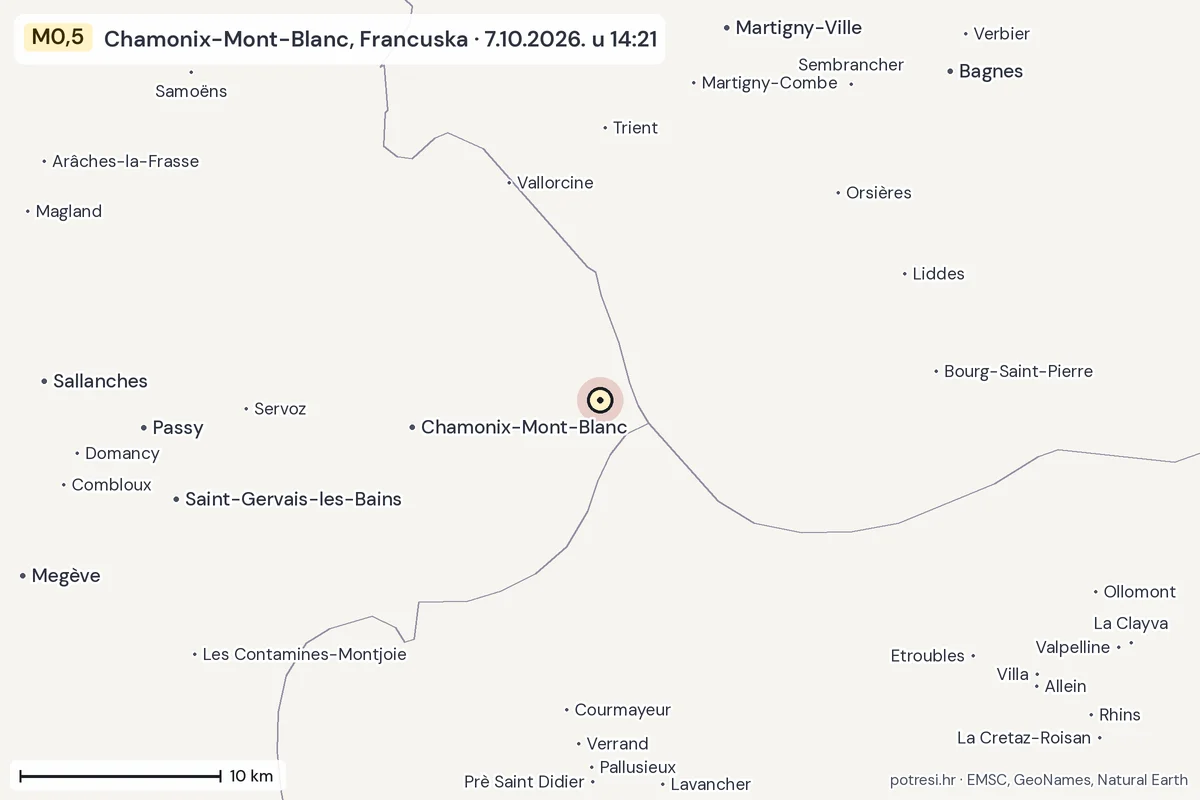Karta: okolica epicentra, 60 km, potres M0,5, Chamonix-Mont-Blanc, Francuska, 7.10.2026.