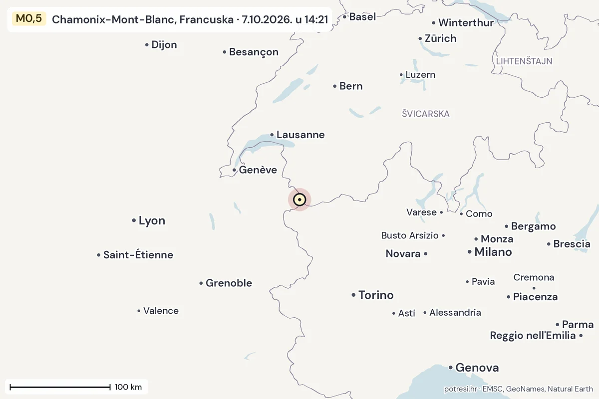 Karta: šire područje, 600 km, potres M0,5, Chamonix-Mont-Blanc, Francuska, 7.10.2026.