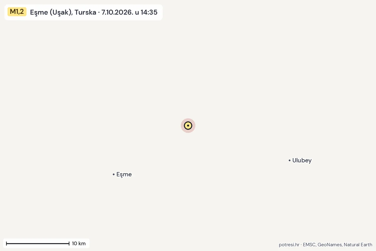 Karta: okolica epicentra, 60 km, potres M1,2, Eşme (Uşak), Turska, 7.10.2026.