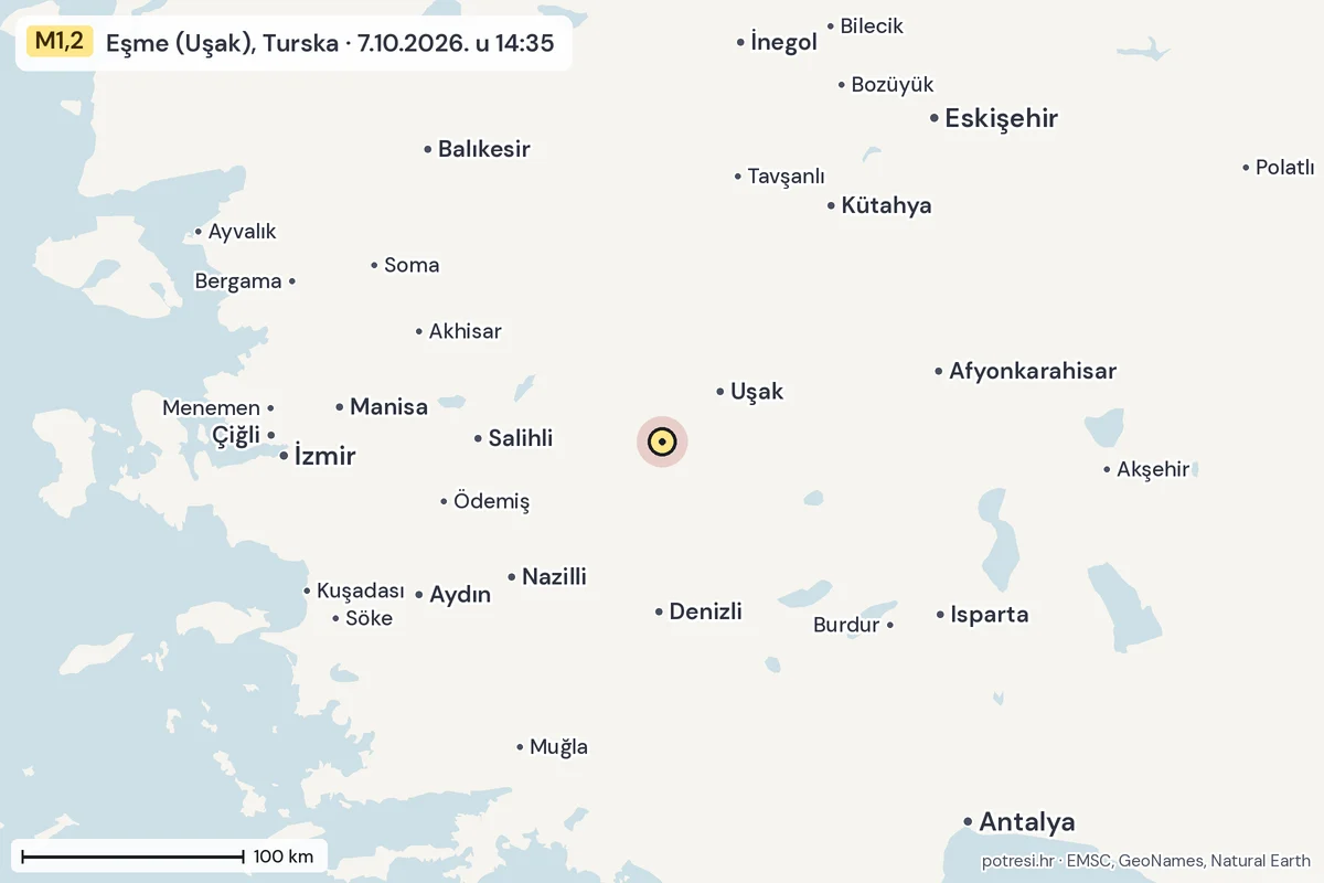 Karta: šire područje, 600 km, potres M1,2, Eşme (Uşak), Turska, 7.10.2026.