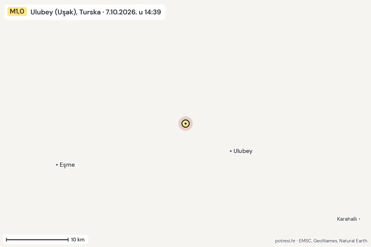 Karta: okolica epicentra, 60 km, potres M1,0, Ulubey (Uşak), Turska, 7.10.2026.