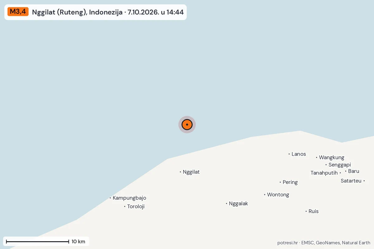 Karta: okolica epicentra, 60 km, potres M3,4, Nggilat (Ruteng), Indonezija, 7.10.2026.