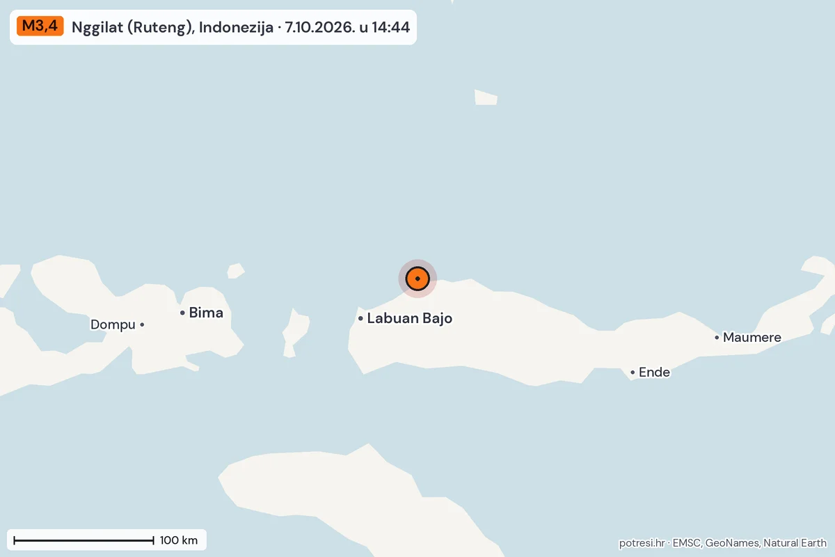 Karta: šire područje, 600 km, potres M3,4, Nggilat (Ruteng), Indonezija, 7.10.2026.