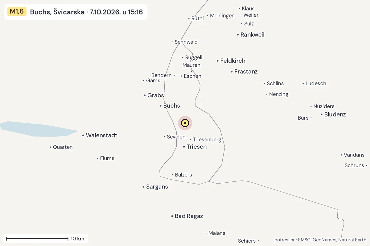 Karta: okolica epicentra, 60 km, potres M1,6, Buchs, Švicarska, 7.10.2026.
