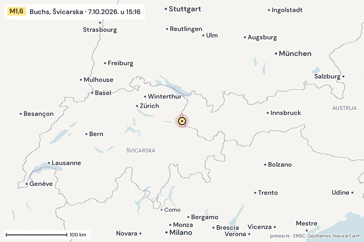 Karta: šire područje, 600 km, potres M1,6, Buchs, Švicarska, 7.10.2026.