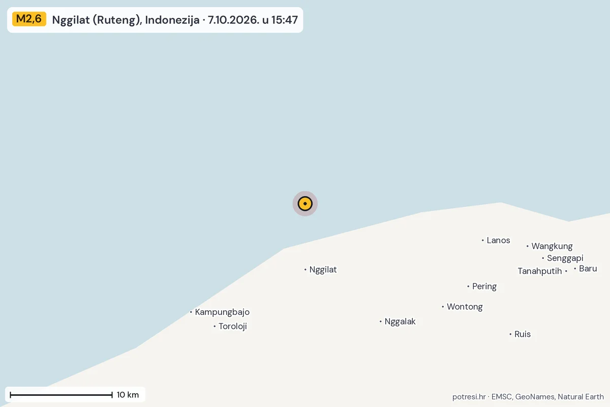 Karta: okolica epicentra, 60 km, potres M2,6, Nggilat (Ruteng), Indonezija, 7.10.2026.