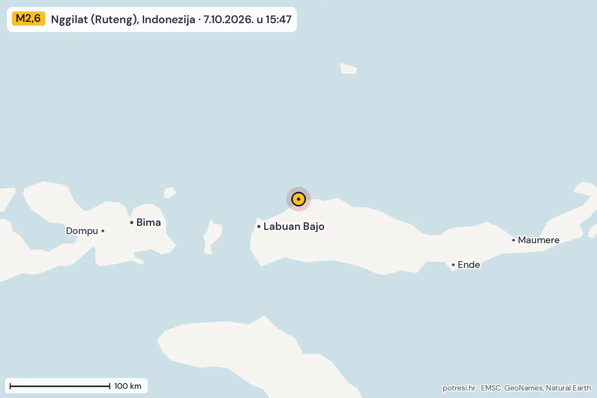 Karta: šire područje, 600 km, potres M2,6, Nggilat (Ruteng), Indonezija, 7.10.2026.
