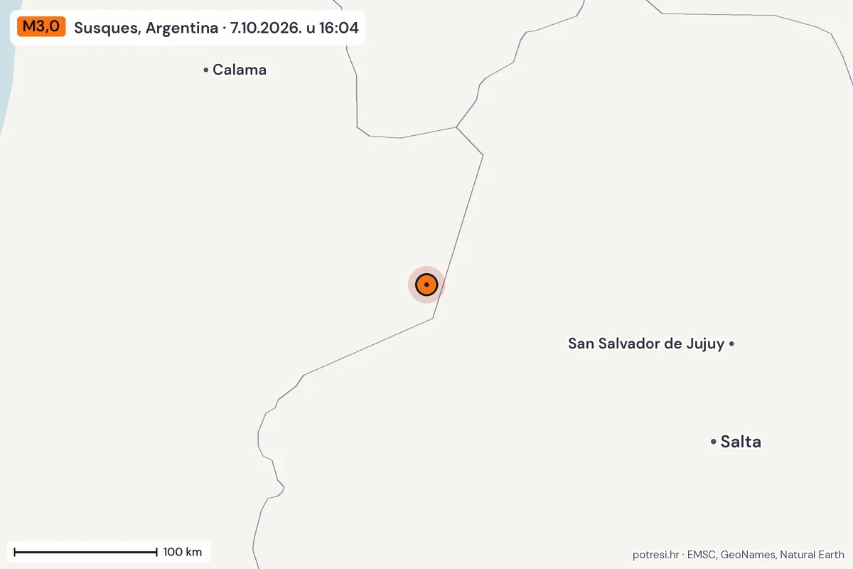 Karta: šire područje, 600 km, potres M3,0, Susques, Argentina, 7.10.2026.
