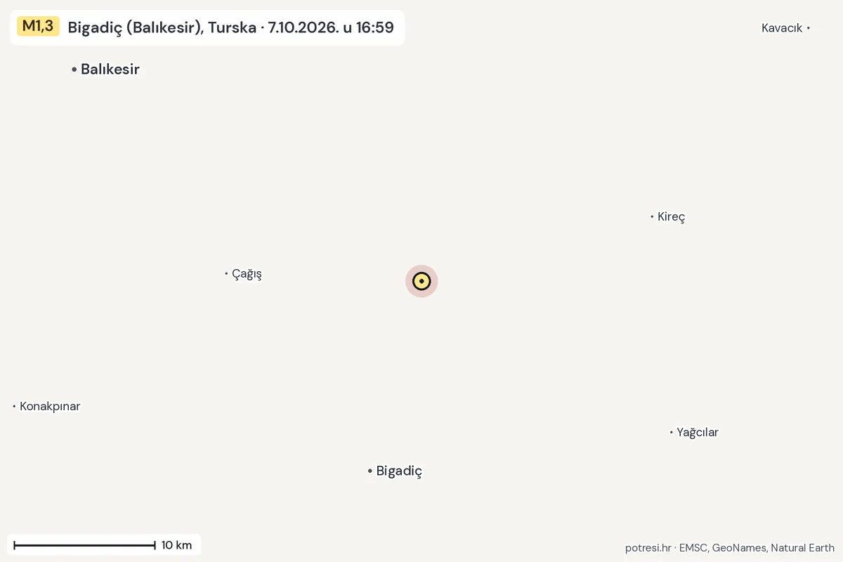 Karta: okolica epicentra, 60 km, potres M1,3, Bigadiç (Balıkesir), Turska, 7.10.2026.