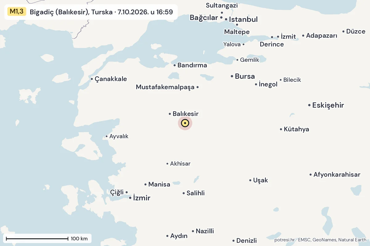 Karta: šire područje, 600 km, potres M1,3, Bigadiç (Balıkesir), Turska, 7.10.2026.
