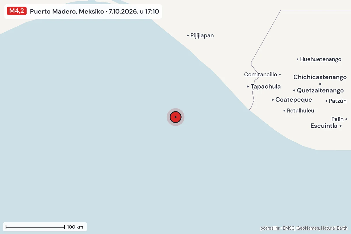 Karta: šire područje, 600 km, potres M4,2, Puerto Madero, Meksiko, 7.10.2026.