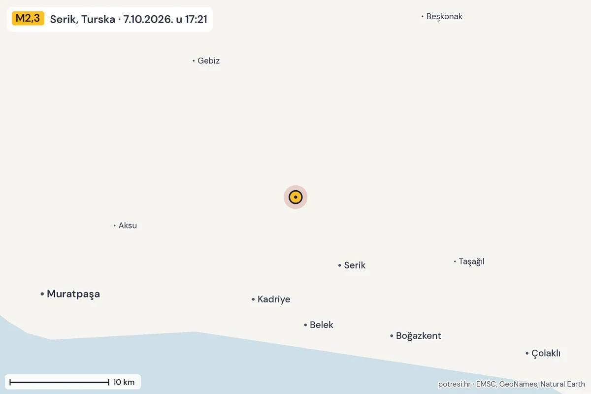 Karta: okolica epicentra, 60 km, potres M2,3, Serik, Turska, 7.10.2026.