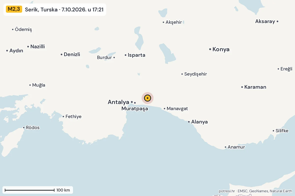 Karta: šire područje, 600 km, potres M2,3, Serik, Turska, 7.10.2026.