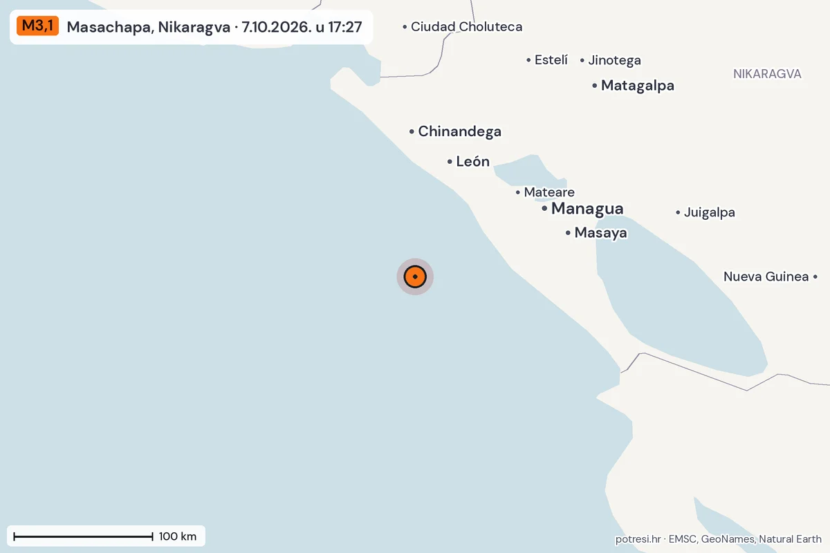 Karta: šire područje, 600 km, potres M3,1, Masachapa, Nikaragva, 7.10.2026.
