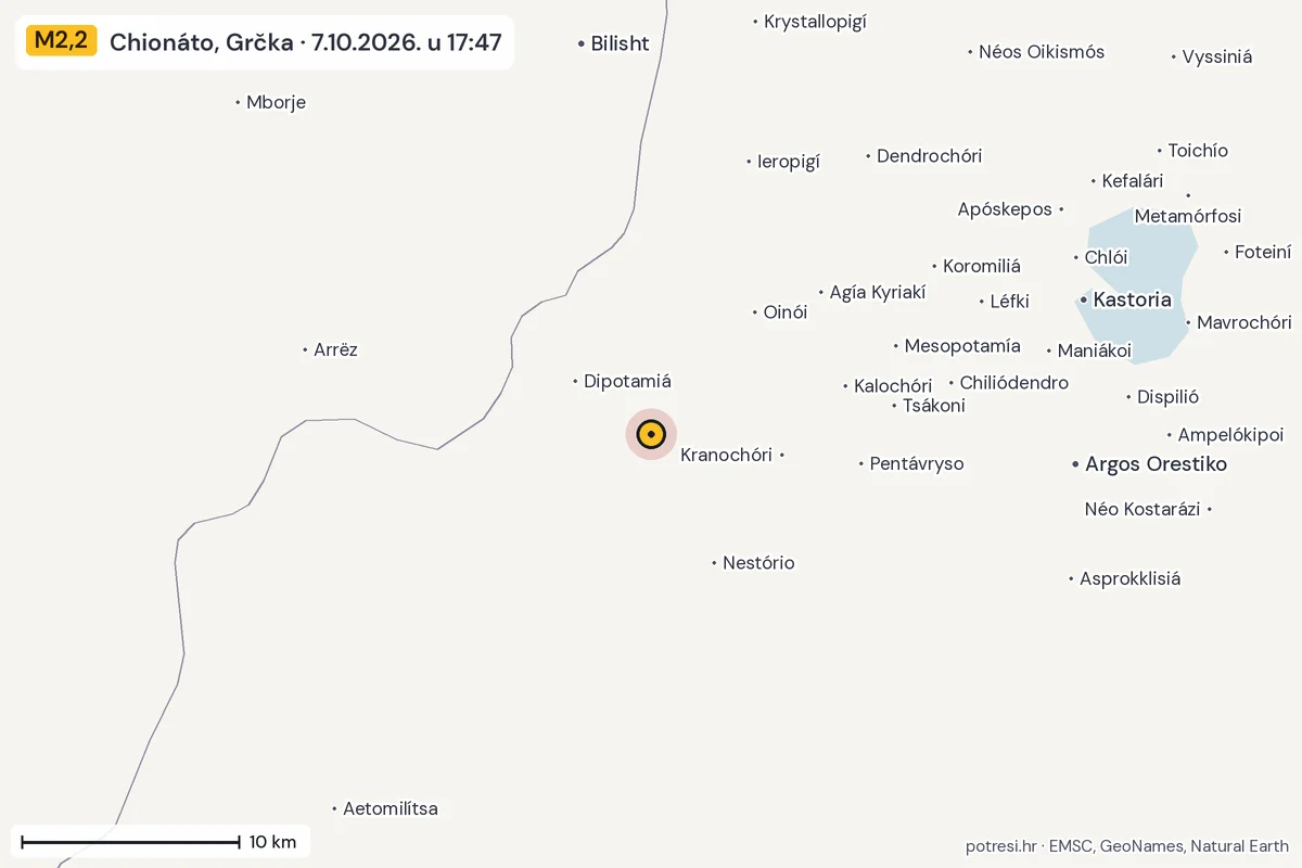 Karta: okolica epicentra, 60 km, potres M2,2, Chionáto, Grčka, 7.10.2026.