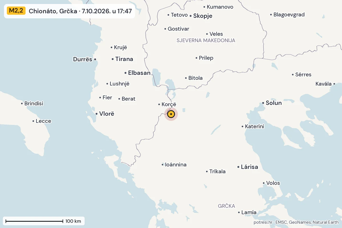 Karta: šire područje, 600 km, potres M2,2, Chionáto, Grčka, 7.10.2026.
