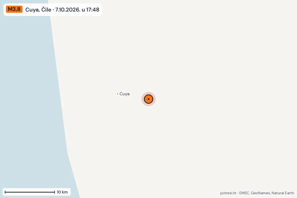 Karta: okolica epicentra, 60 km, potres M3,8, Cuya, Čile, 7.10.2026.