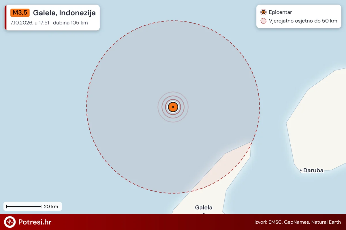 Karta: šire područje i vjerojatni doseg osjeta, potres M3,5, Galela, Indonezija, 7.10.2026.