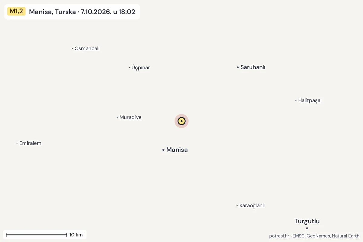 Karta: okolica epicentra, 60 km, potres M1,2, Manisa, Turska, 7.10.2026.