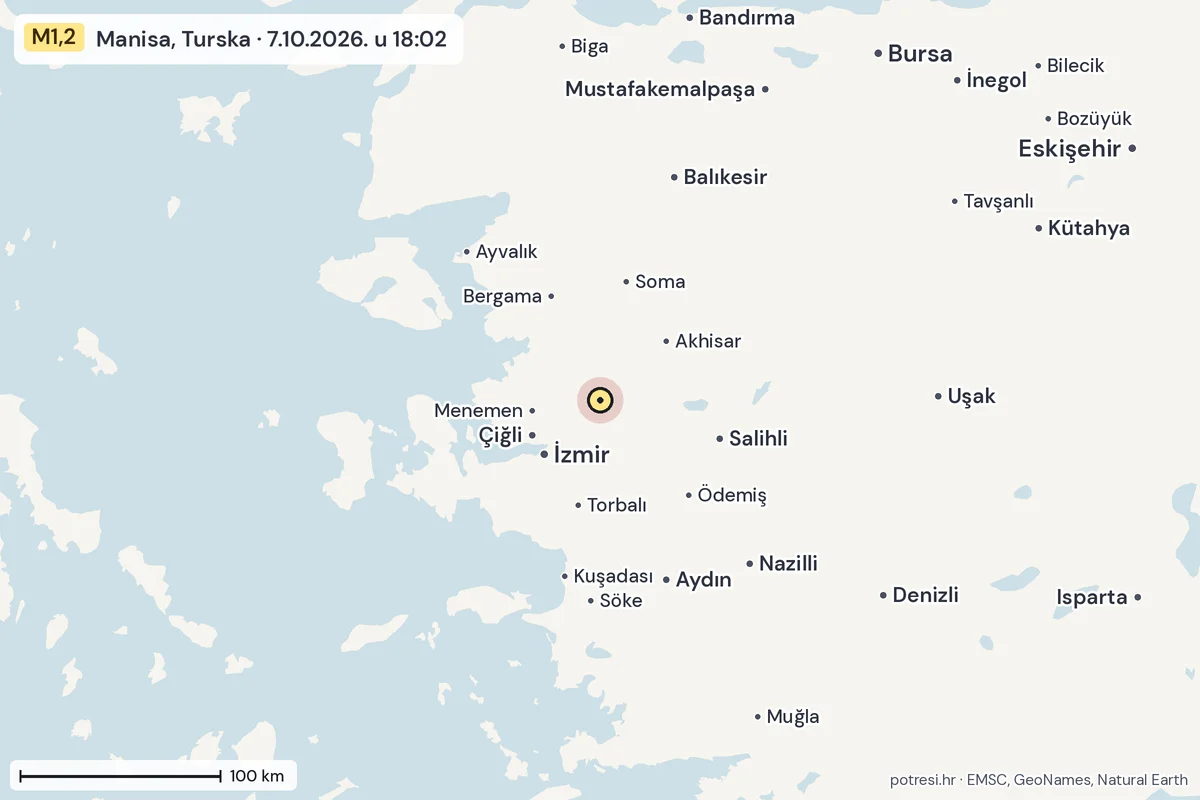 Karta: šire područje, 600 km, potres M1,2, Manisa, Turska, 7.10.2026.