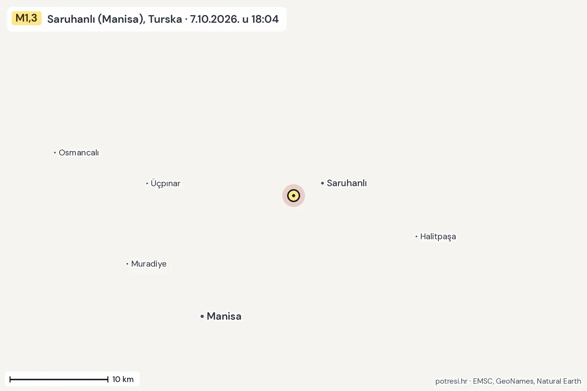 Karta: okolica epicentra, 60 km, potres M1,3, Saruhanlı (Manisa), Turska, 7.10.2026.
