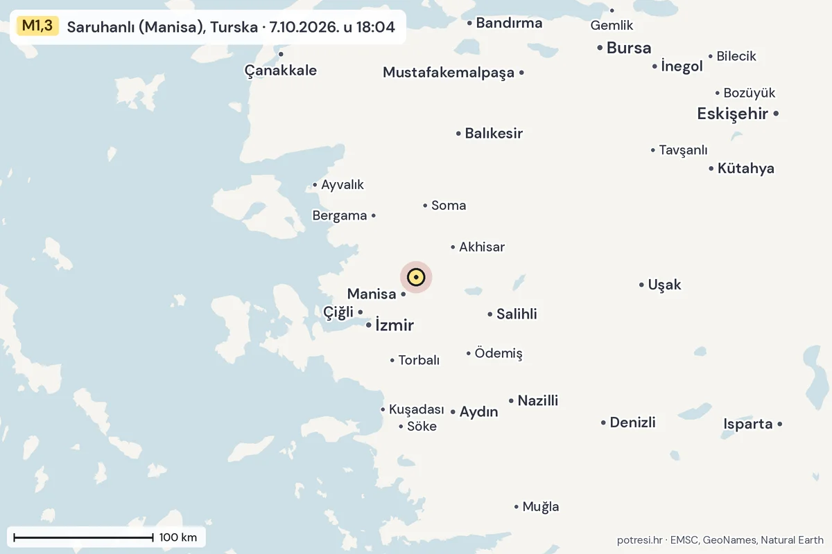 Karta: šire područje, 600 km, potres M1,3, Saruhanlı (Manisa), Turska, 7.10.2026.