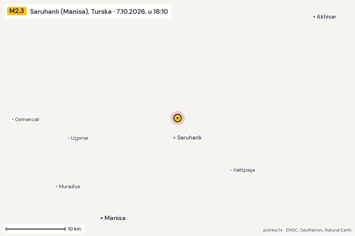 Karta: okolica epicentra, 60 km, potres M2,3, Saruhanlı (Manisa), Turska, 7.10.2026.