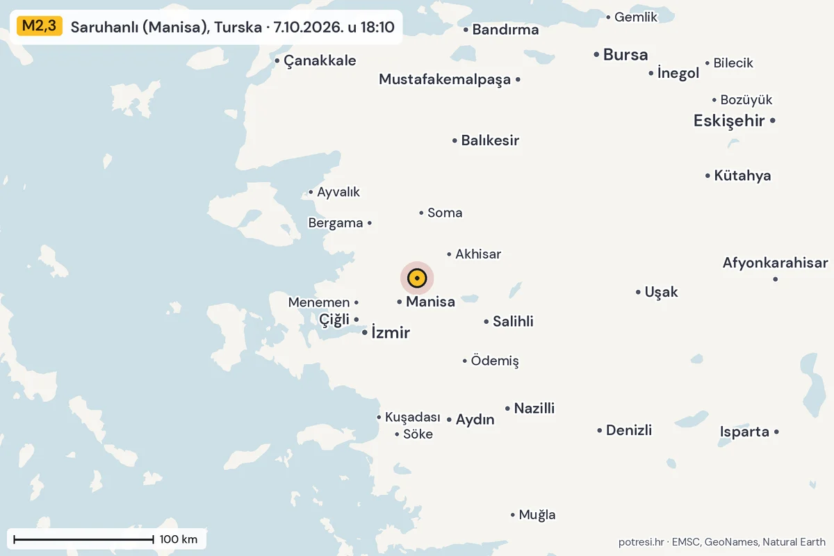 Karta: šire područje, 600 km, potres M2,3, Saruhanlı (Manisa), Turska, 7.10.2026.