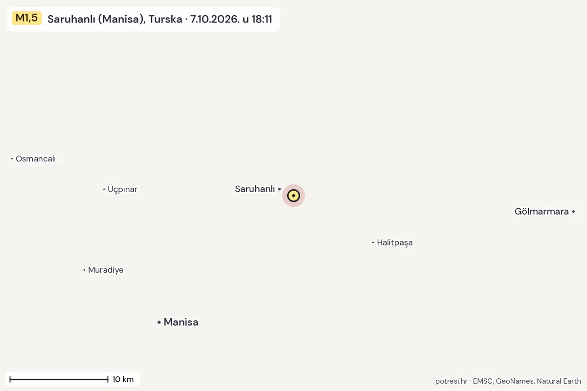 Karta: okolica epicentra, 60 km, potres M1,5, Saruhanlı (Manisa), Turska, 7.10.2026.