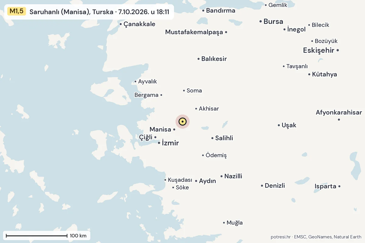 Karta: šire područje, 600 km, potres M1,5, Saruhanlı (Manisa), Turska, 7.10.2026.