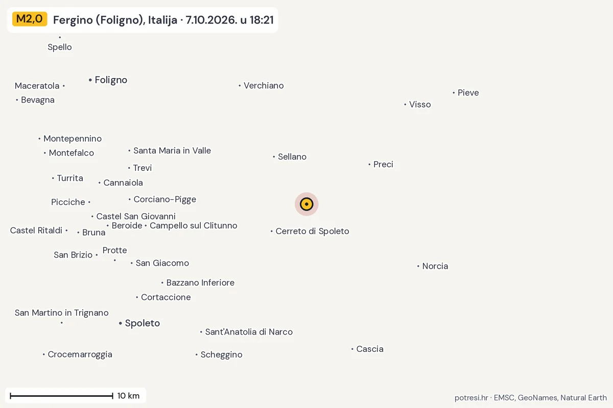 Karta: okolica epicentra, 60 km, potres M2,0, Fergino (Foligno), Italija, 7.10.2026.