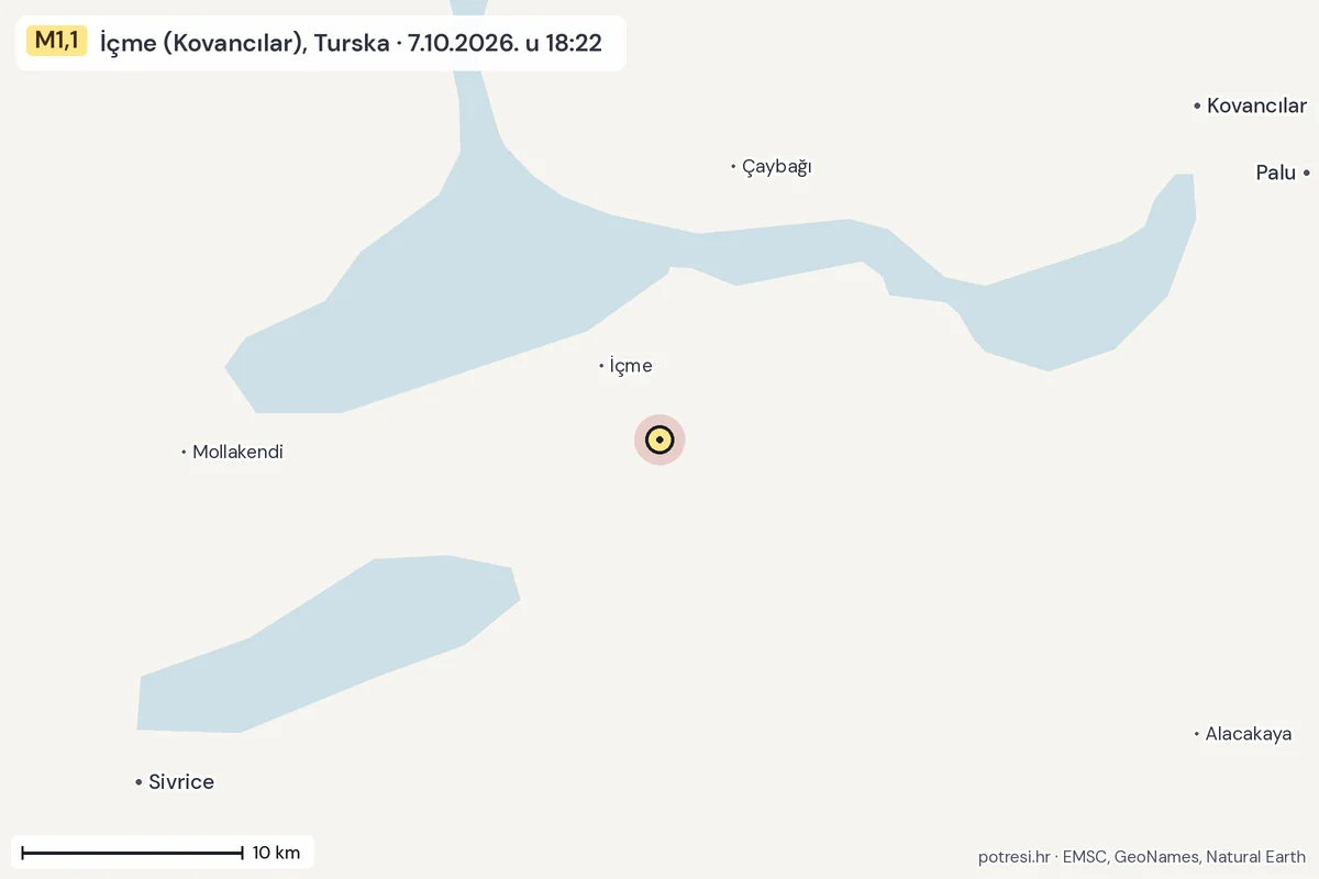 Karta: okolica epicentra, 60 km, potres M1,1, İçme (Kovancılar), Turska, 7.10.2026.