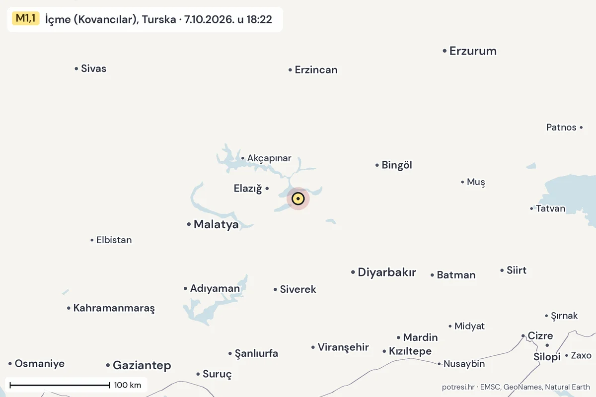 Karta: šire područje, 600 km, potres M1,1, İçme (Kovancılar), Turska, 7.10.2026.