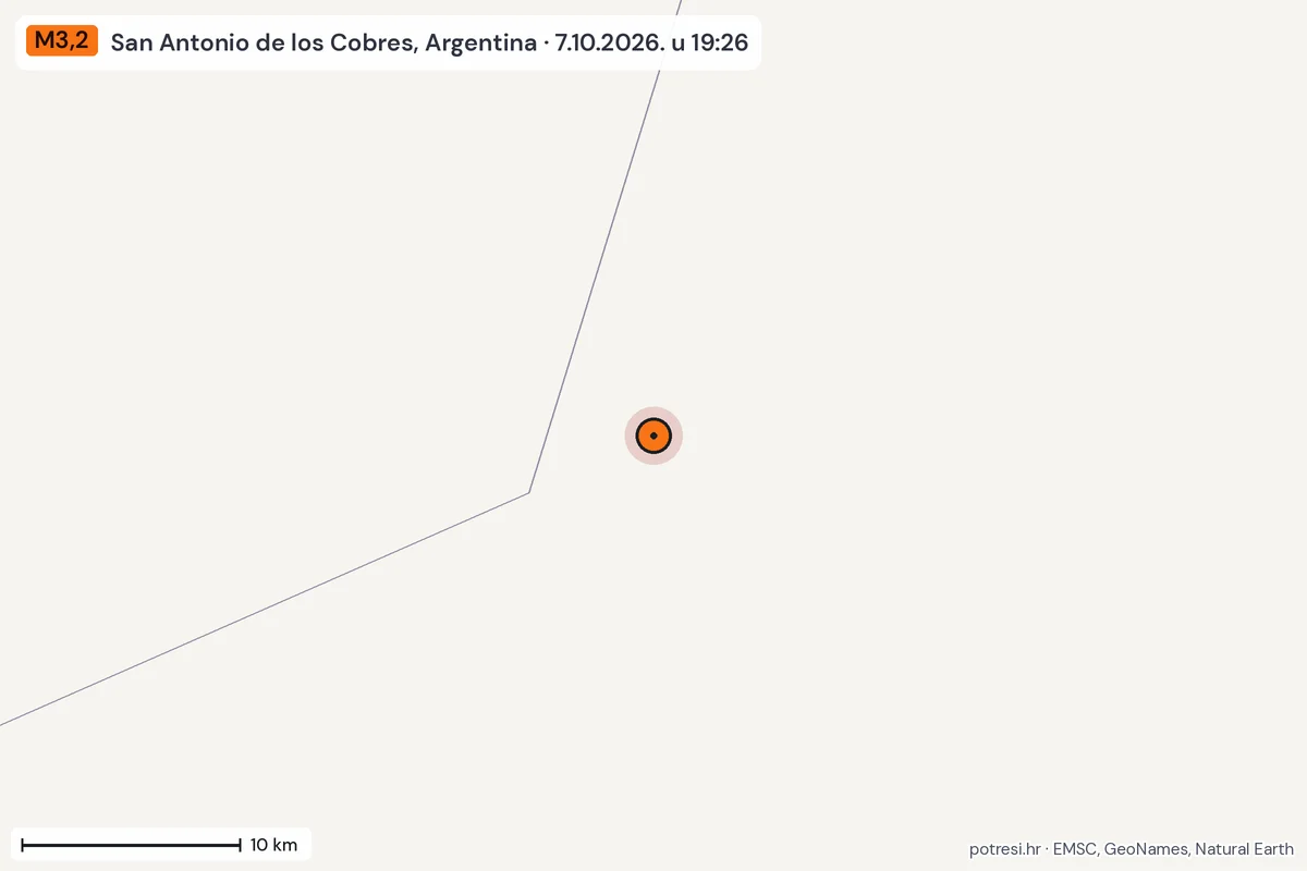 Karta: okolica epicentra, 60 km, potres M3,2, San Antonio de los Cobres, Argentina, 7.10.2026.