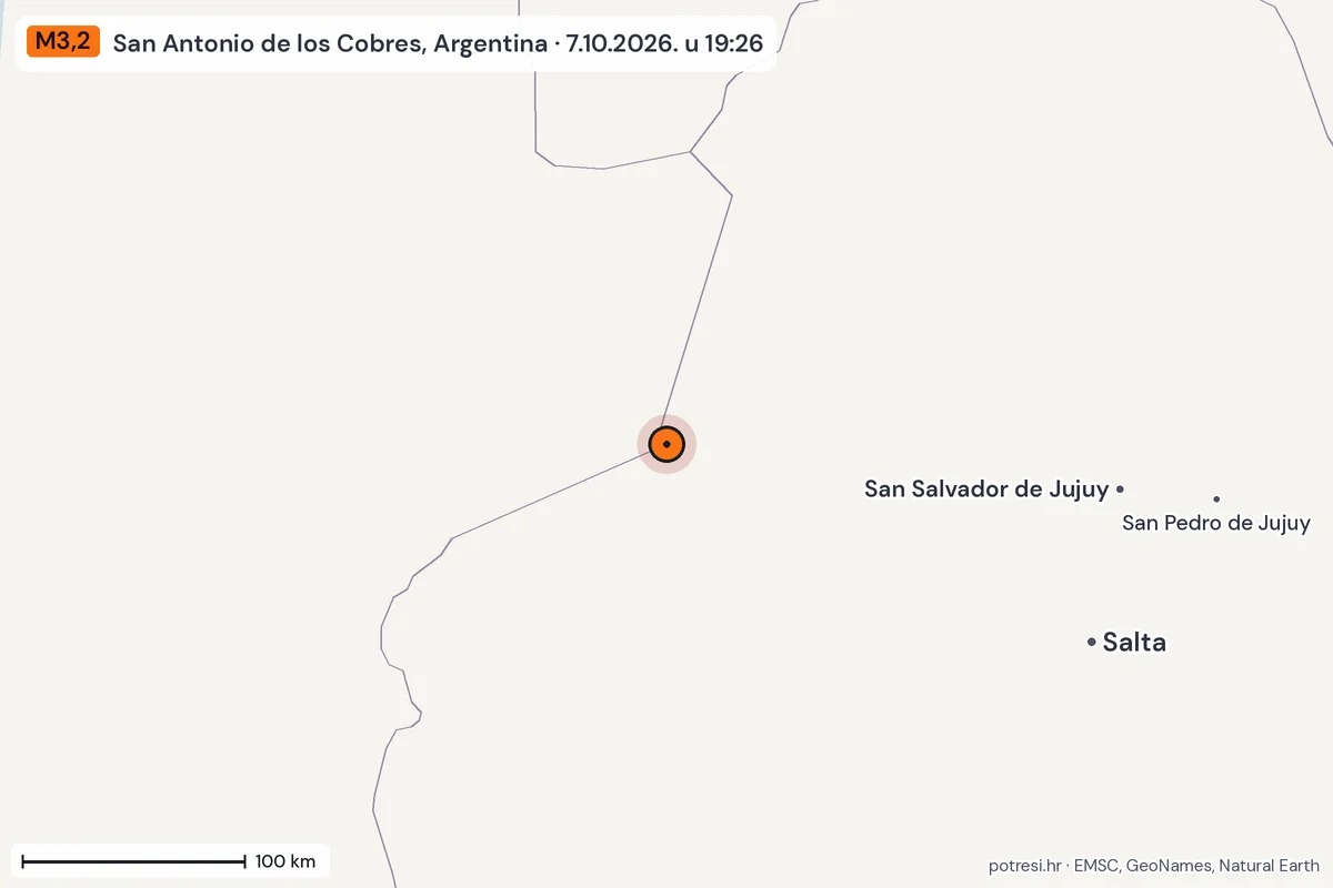 Karta: šire područje, 600 km, potres M3,2, San Antonio de los Cobres, Argentina, 7.10.2026.