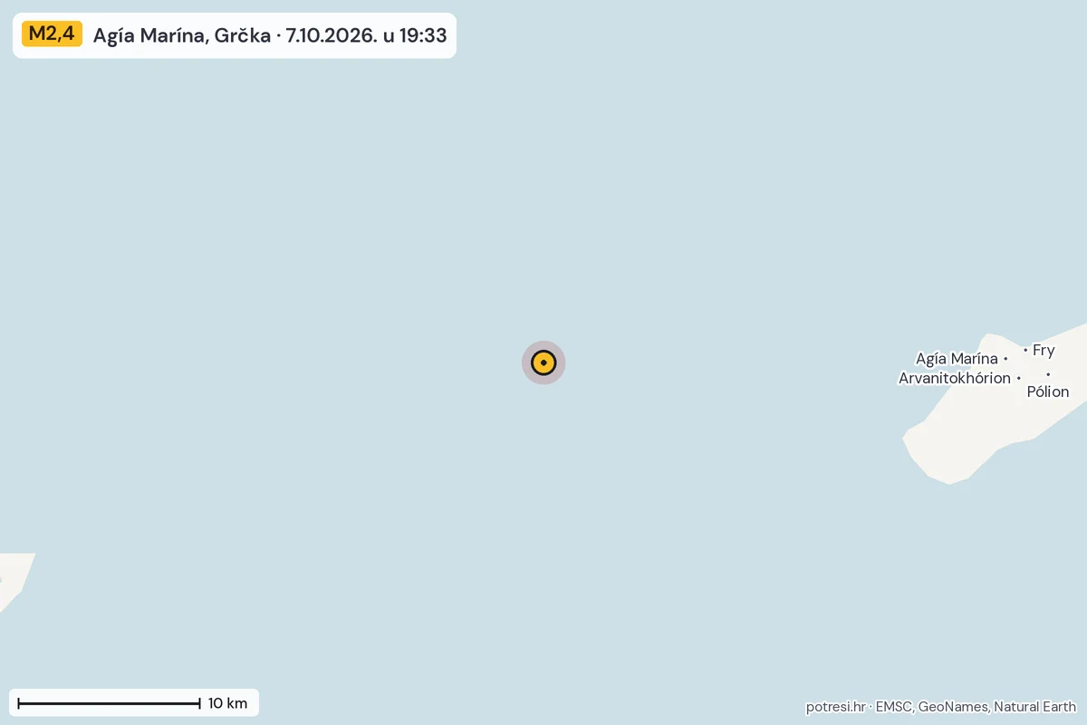 Karta: okolica epicentra, 60 km, potres M2,4, Agía Marína, Grčka, 7.10.2026.