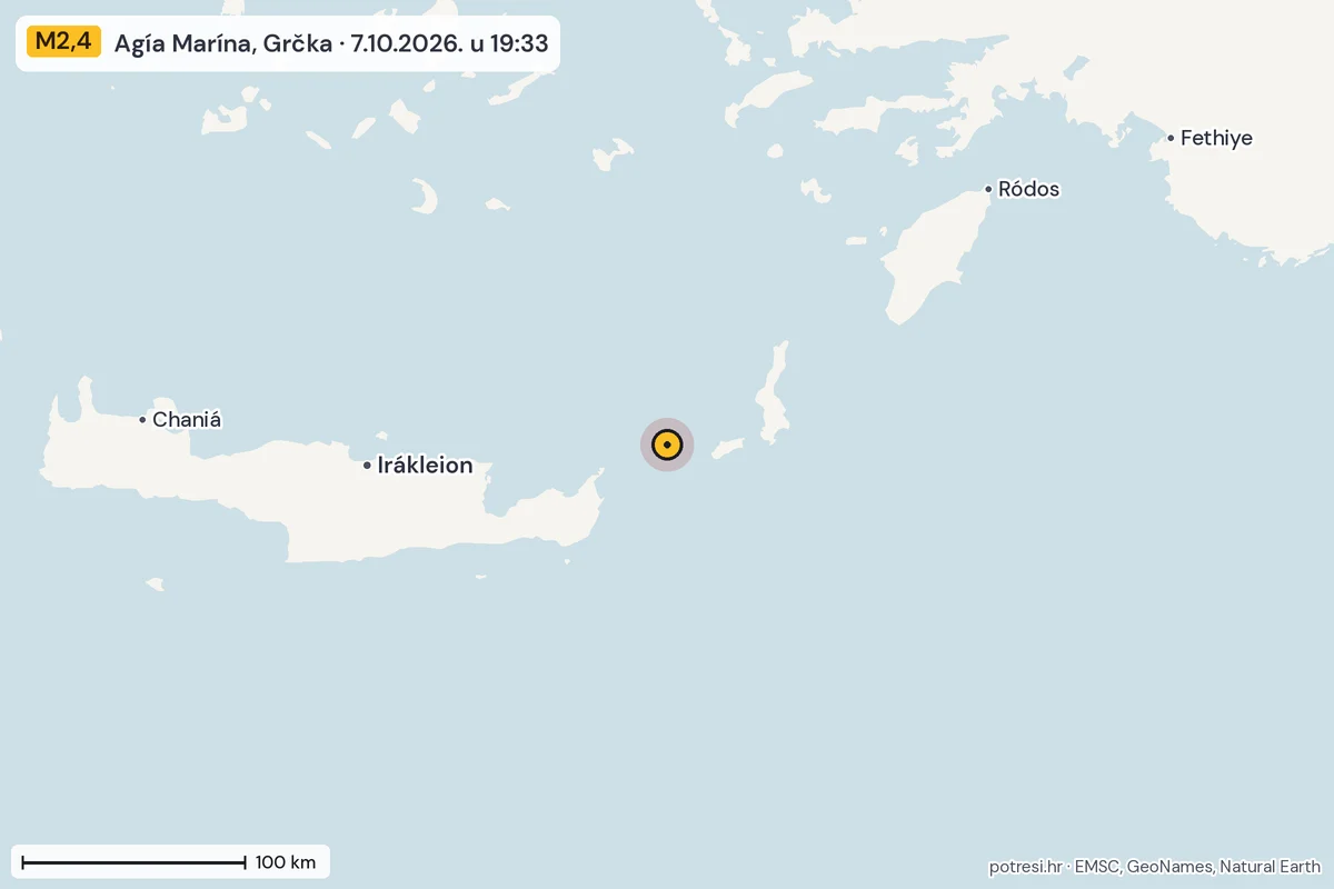 Karta: šire područje, 600 km, potres M2,4, Agía Marína, Grčka, 7.10.2026.
