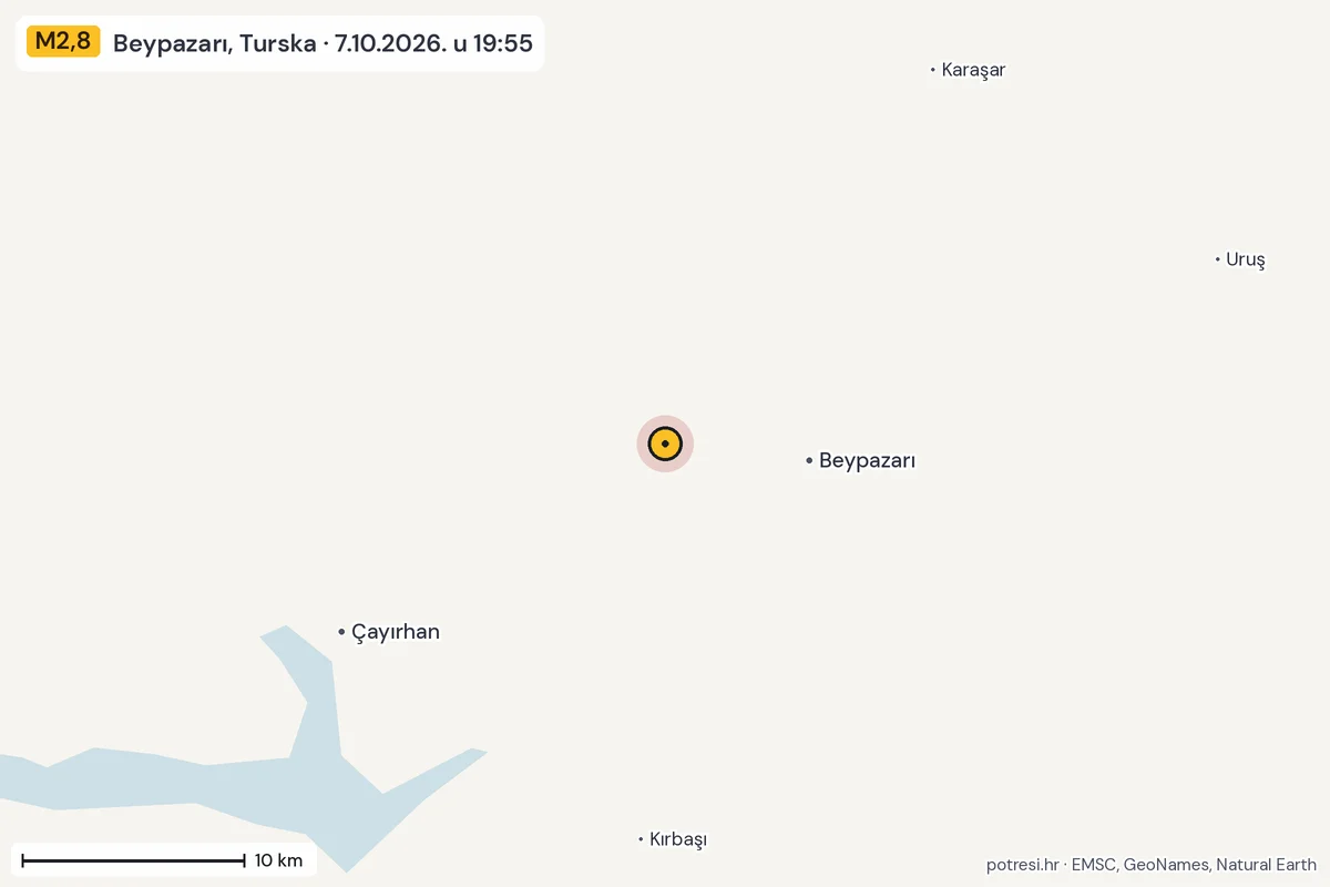 Karta: okolica epicentra, 60 km, potres M2,8, Beypazarı, Turska, 7.10.2026.