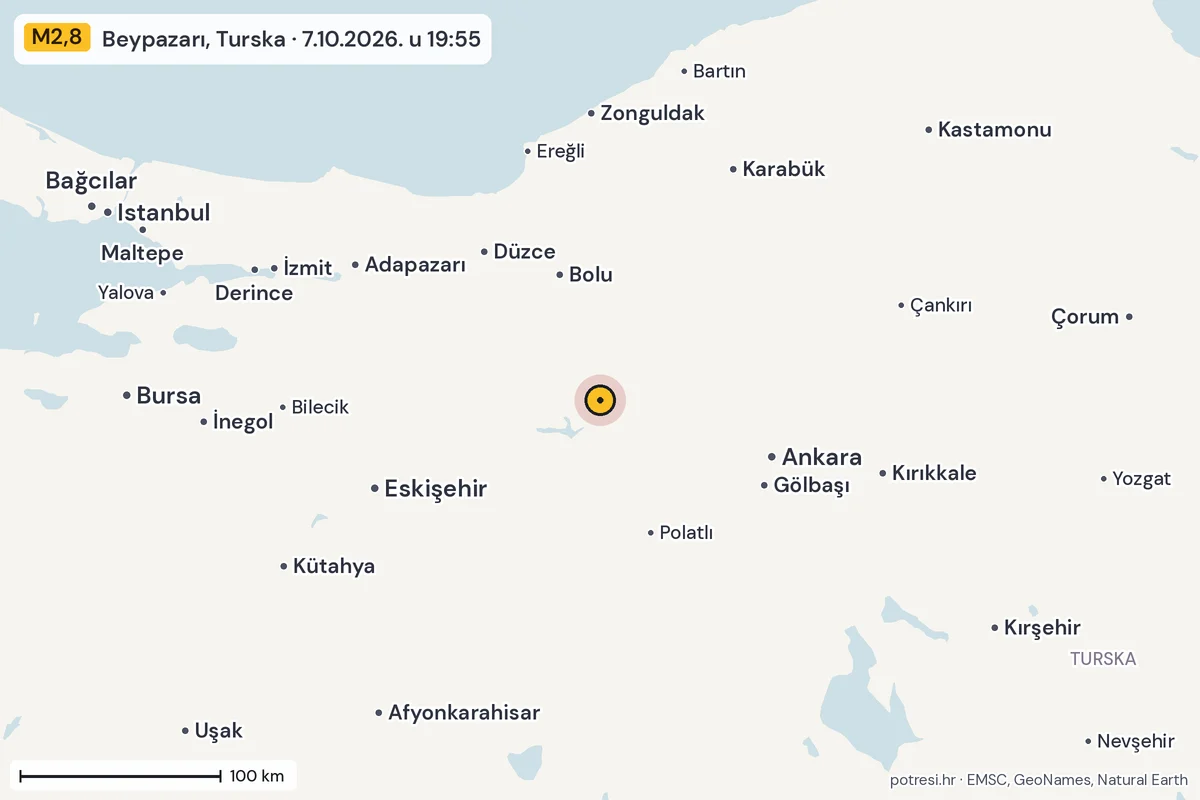Karta: šire područje, 600 km, potres M2,8, Beypazarı, Turska, 7.10.2026.