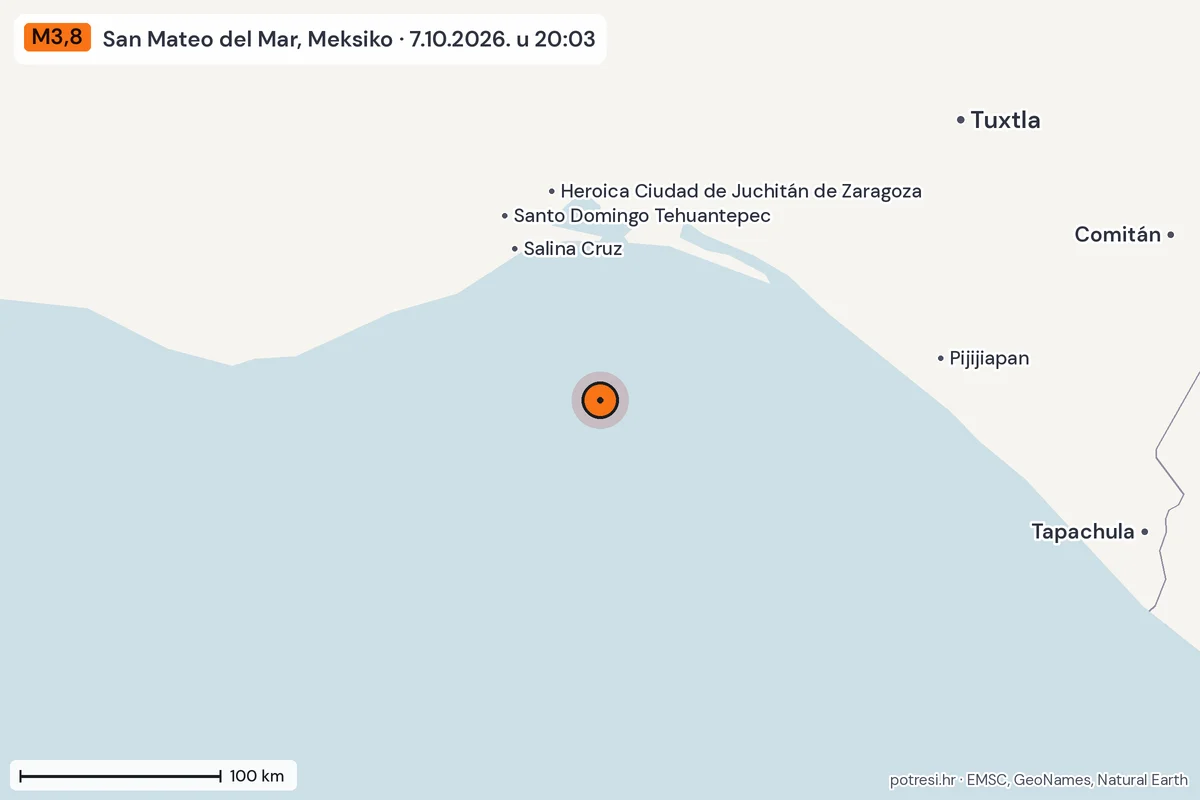 Karta: šire područje, 600 km, potres M3,8, San Mateo del Mar, Meksiko, 7.10.2026.