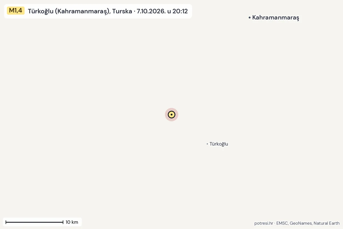 Karta: okolica epicentra, 60 km, potres M1,4, Türkoğlu (Kahramanmaraş), Turska, 7.10.2026.