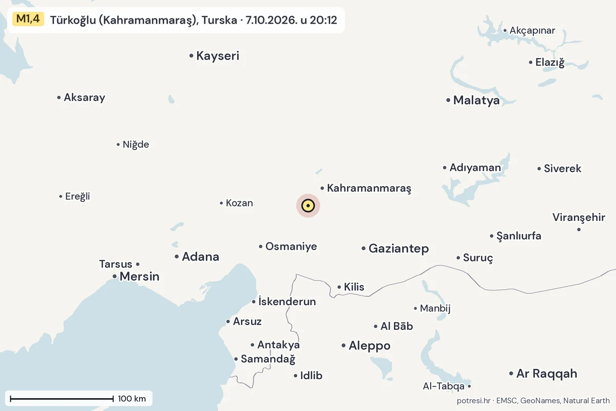 Karta: šire područje, 600 km, potres M1,4, Türkoğlu (Kahramanmaraş), Turska, 7.10.2026.