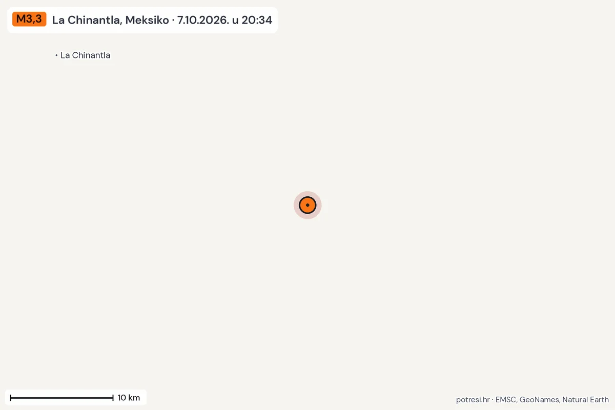 Karta: okolica epicentra, 60 km, potres M3,3, La Chinantla, Meksiko, 7.10.2026.