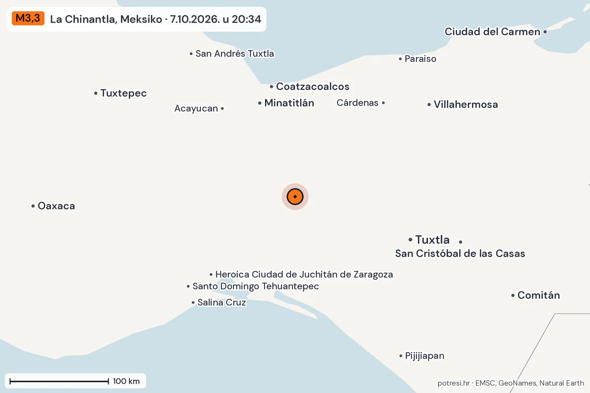 Karta: šire područje, 600 km, potres M3,3, La Chinantla, Meksiko, 7.10.2026.