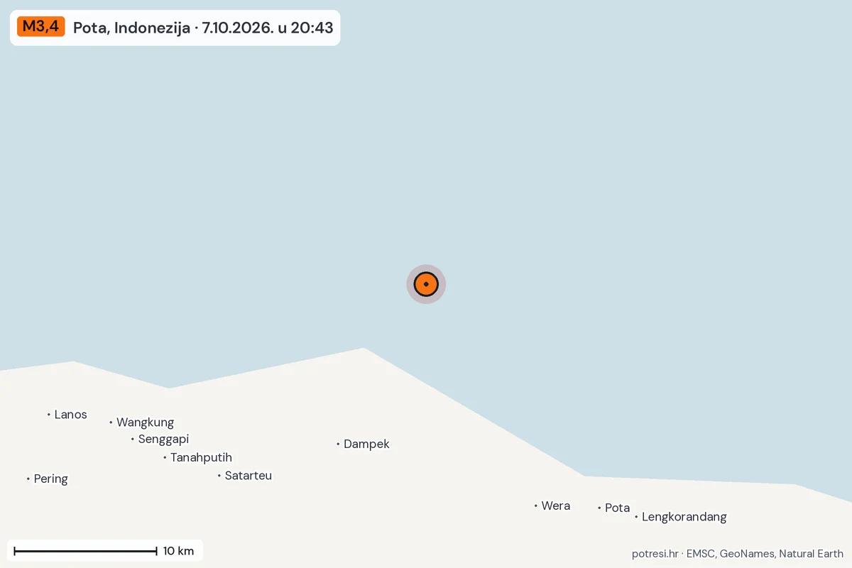 Karta: okolica epicentra, 60 km, potres M3,4, Pota, Indonezija, 7.10.2026.