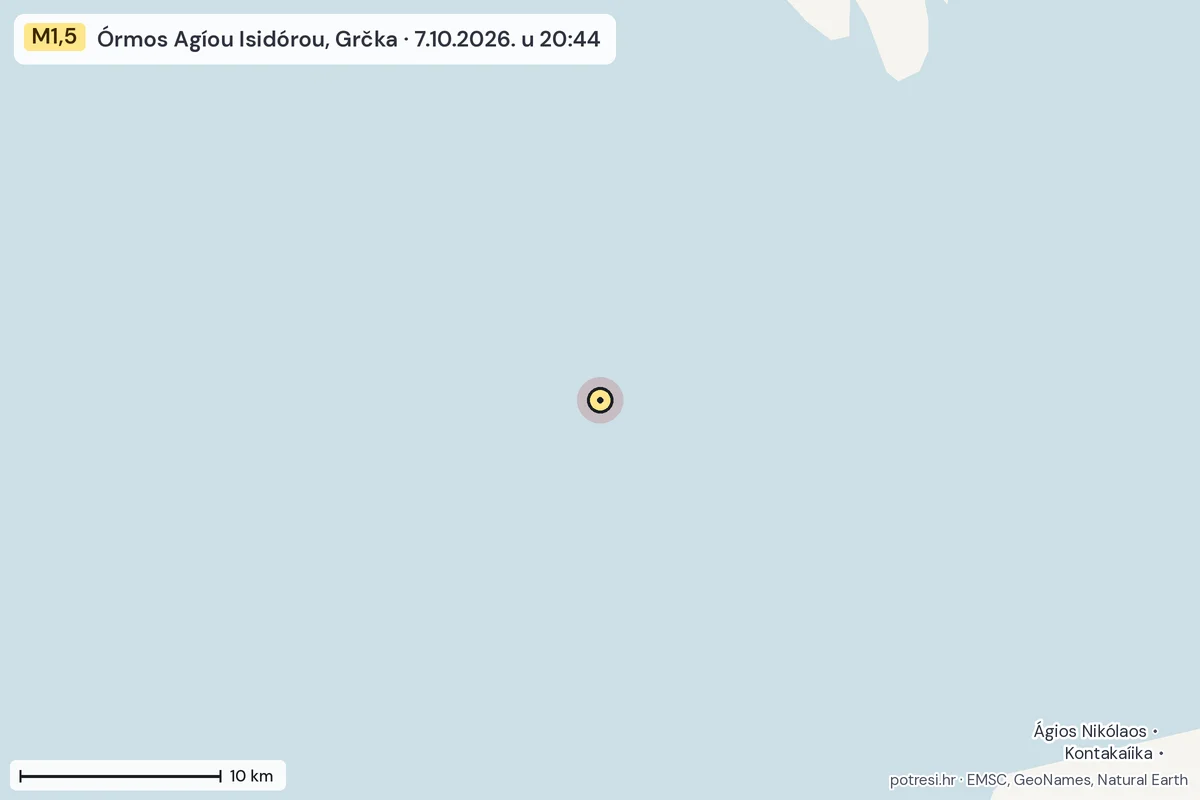 Karta: okolica epicentra, 60 km, potres M1,5, Órmos Agíou Isidórou, Grčka, 7.10.2026.