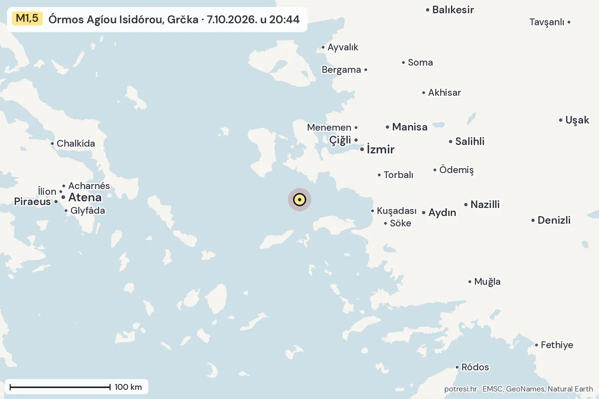 Karta: šire područje, 600 km, potres M1,5, Órmos Agíou Isidórou, Grčka, 7.10.2026.