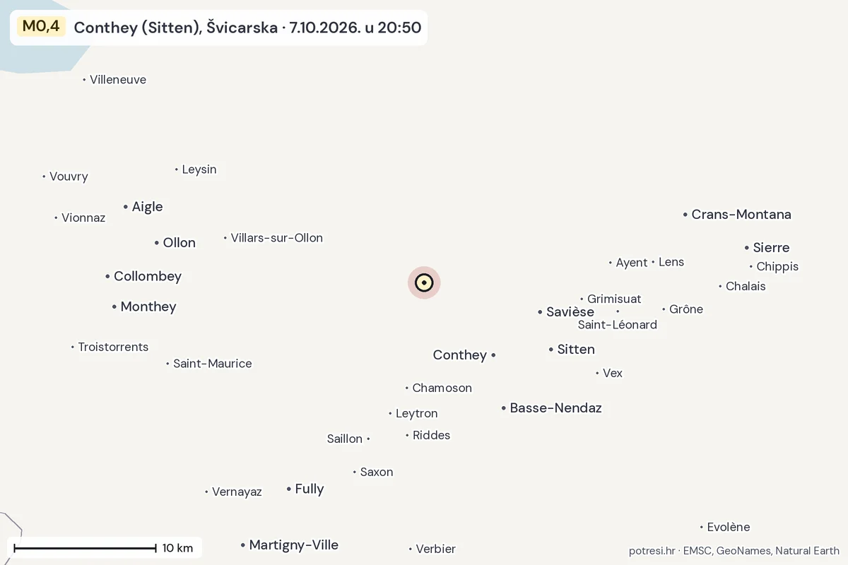 Karta: okolica epicentra, 60 km, potres M0,4, Conthey (Sitten), Švicarska, 7.10.2026.
